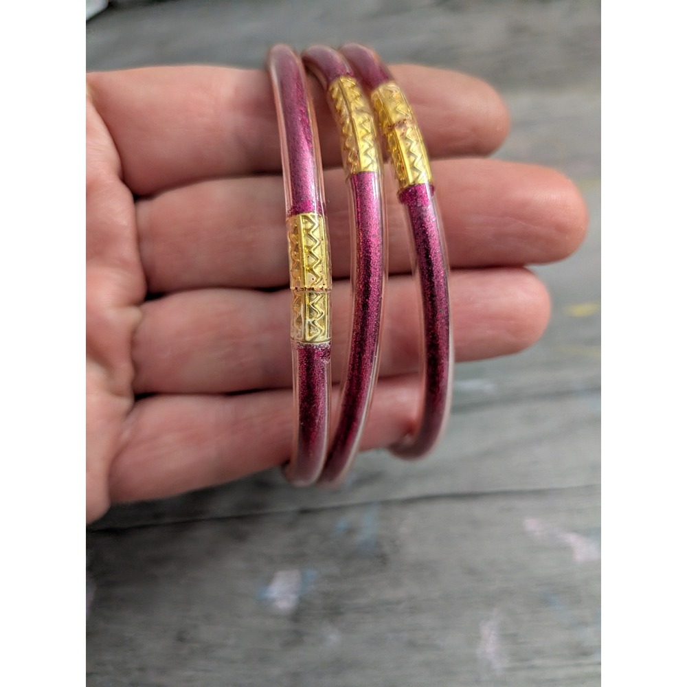 Set of 3 Magenta Pink Glitter Flexible Bangle Bracelets Gold Tone Accents